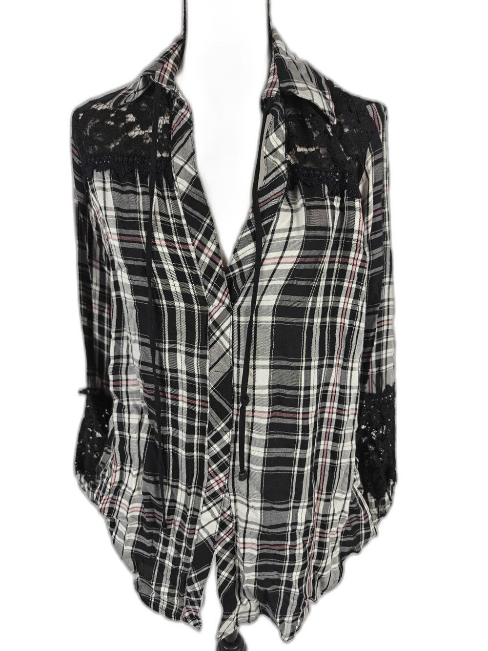 Women’s Atina Cristina Plaid Lace Tunic Blouse Black White Pink Medium